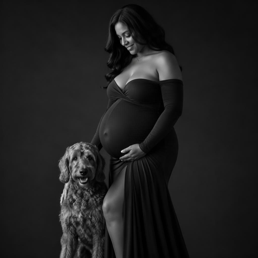 Future maman posant avec son animal en studio, fond noir, lumière douce, photo éditoriale noir et blanc
