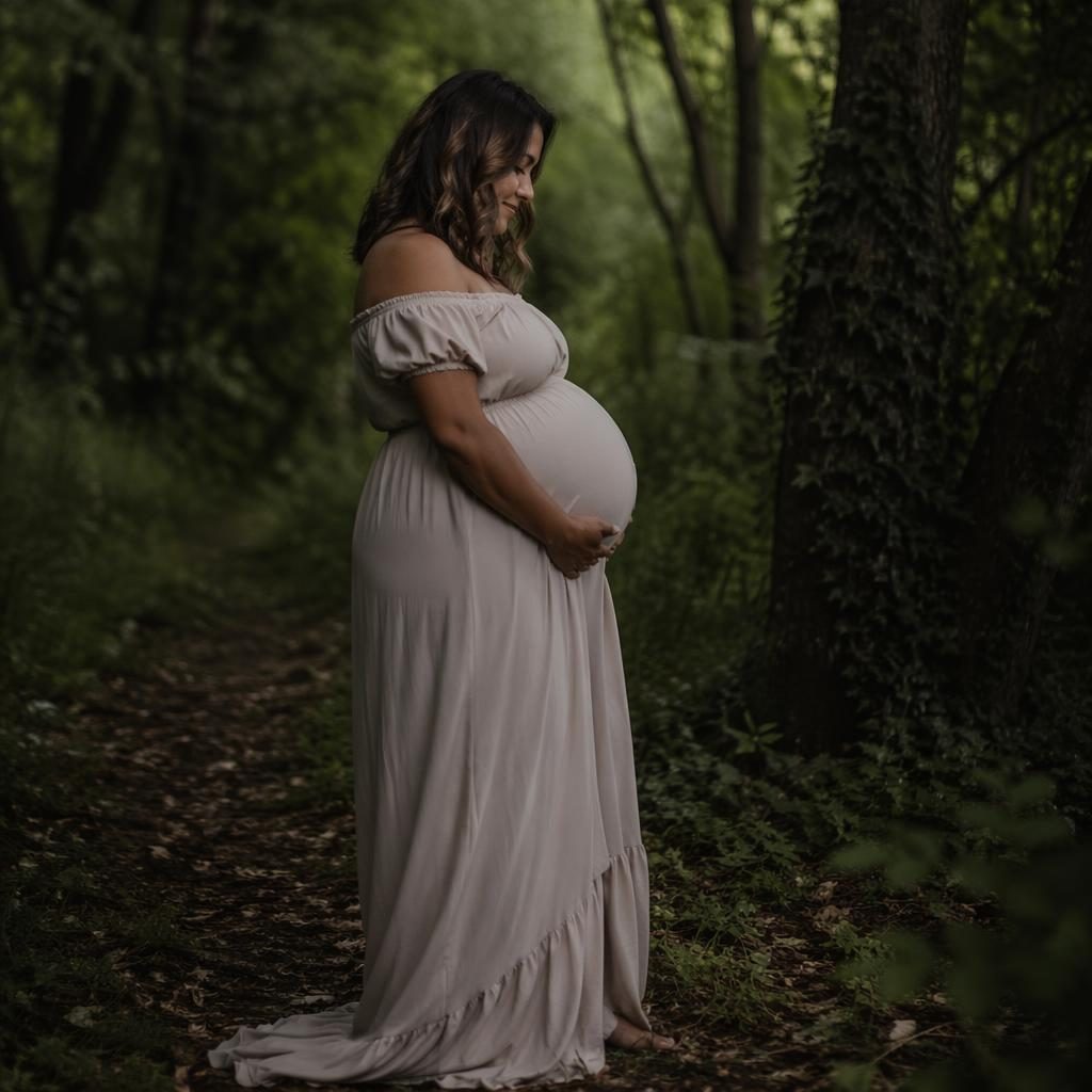 Silhouette d’une femme enceinte avec son mari en forêt, lumière douce, ambiance éditoriale sombre et naturelle.