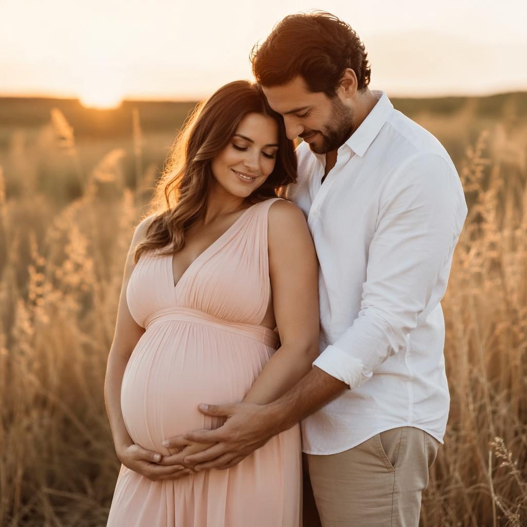 Portrait maternité photoréaliste d’une femme enceinte avec son partenaire devant un fond noir, lumière douce et tons crème rosé.