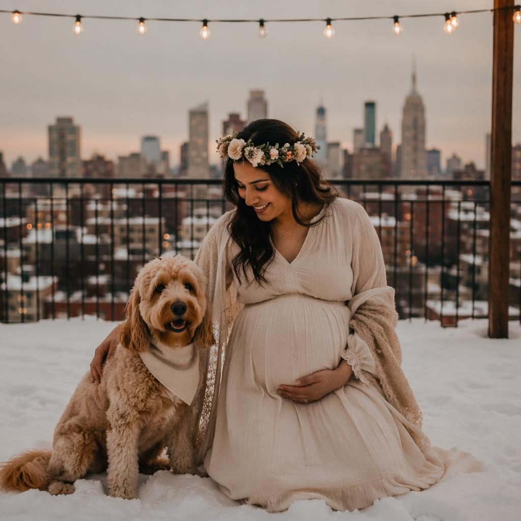 Pregnant mother with her pet on a snowy rooftop at dusk, city skyline behind, in a soft editorial maternity portrait.