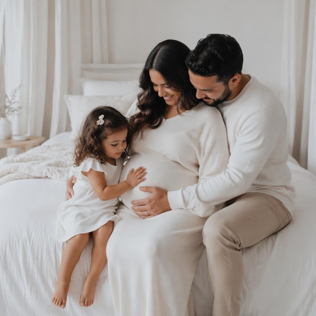 Foto editorial de maternidad en blanco y negro de una familia completa en dormitorio acogedor con estilo glamour