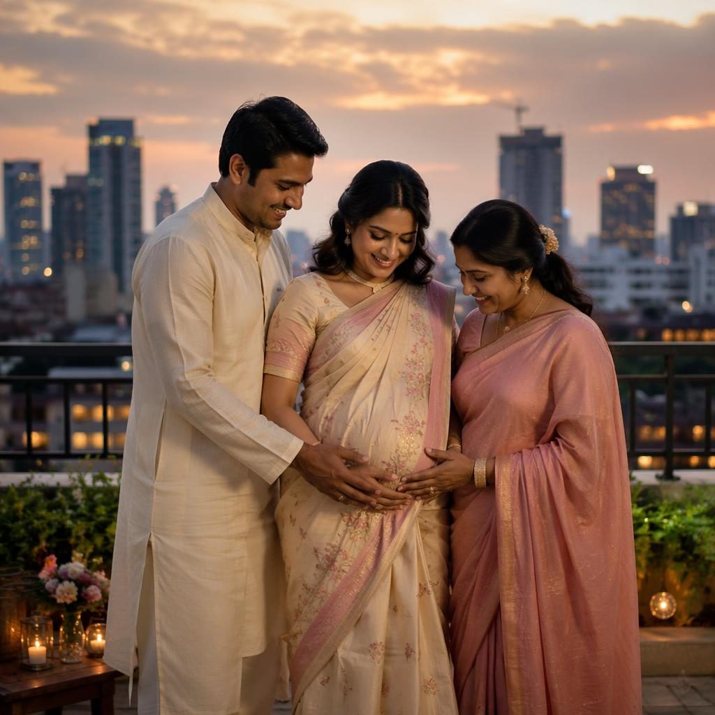 Full family maternity portrait at dusk with a rooftop city skyline, warm cream and rose tones, natural editorial lighting.