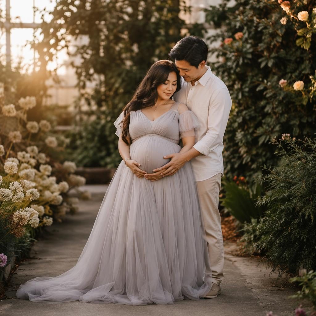 Pregnant woman and partner embrace in a botanical garden at golden hour with dark moody tones and soft pastel styling.