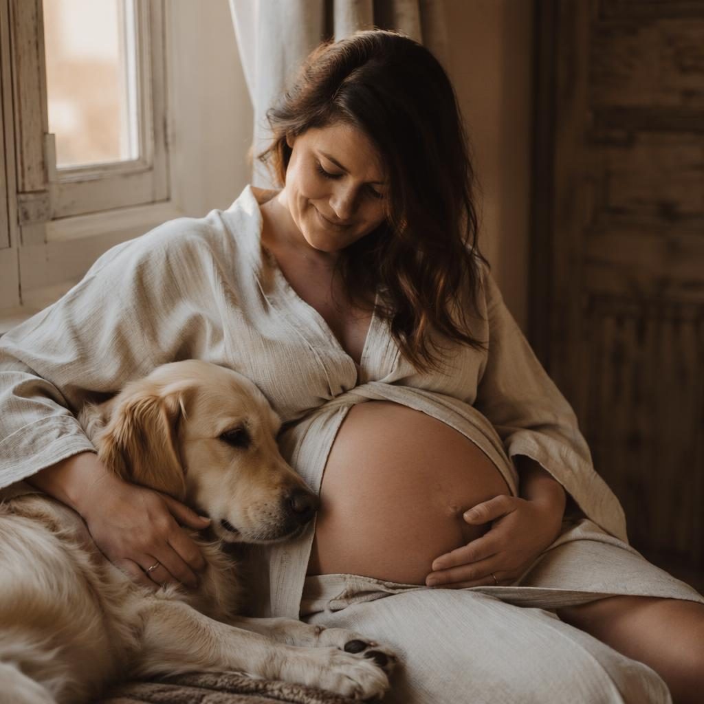 Future maman en lumière douce, posant avec son animal dans une ambiance éditoriale sombre et chaleureuse.
