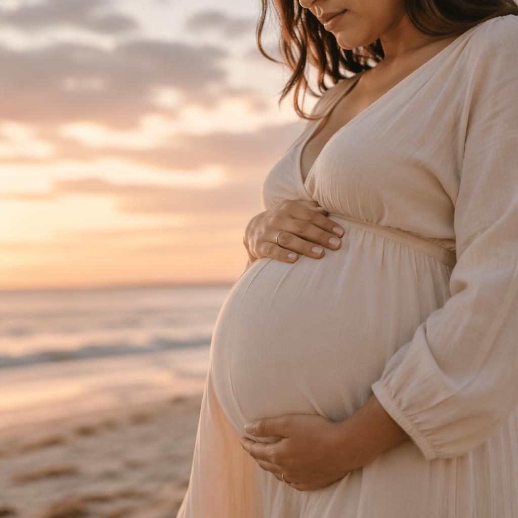 Close-up editorial maternity photo of a pregnant belly in a cotton field at sunrise with soft pastel light.