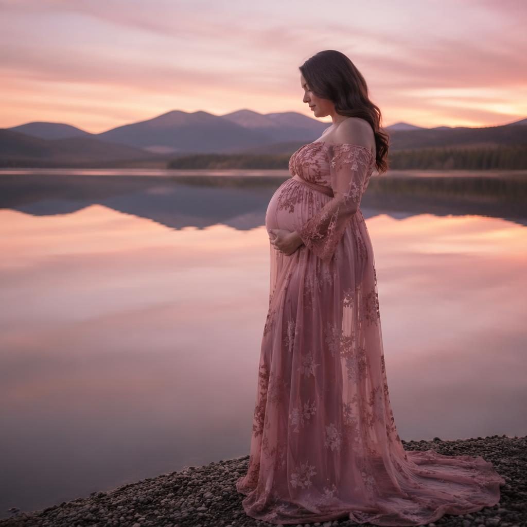 Soft editorial maternity portrait of a solo mother silhouette in studio light with warm cream and rose tones