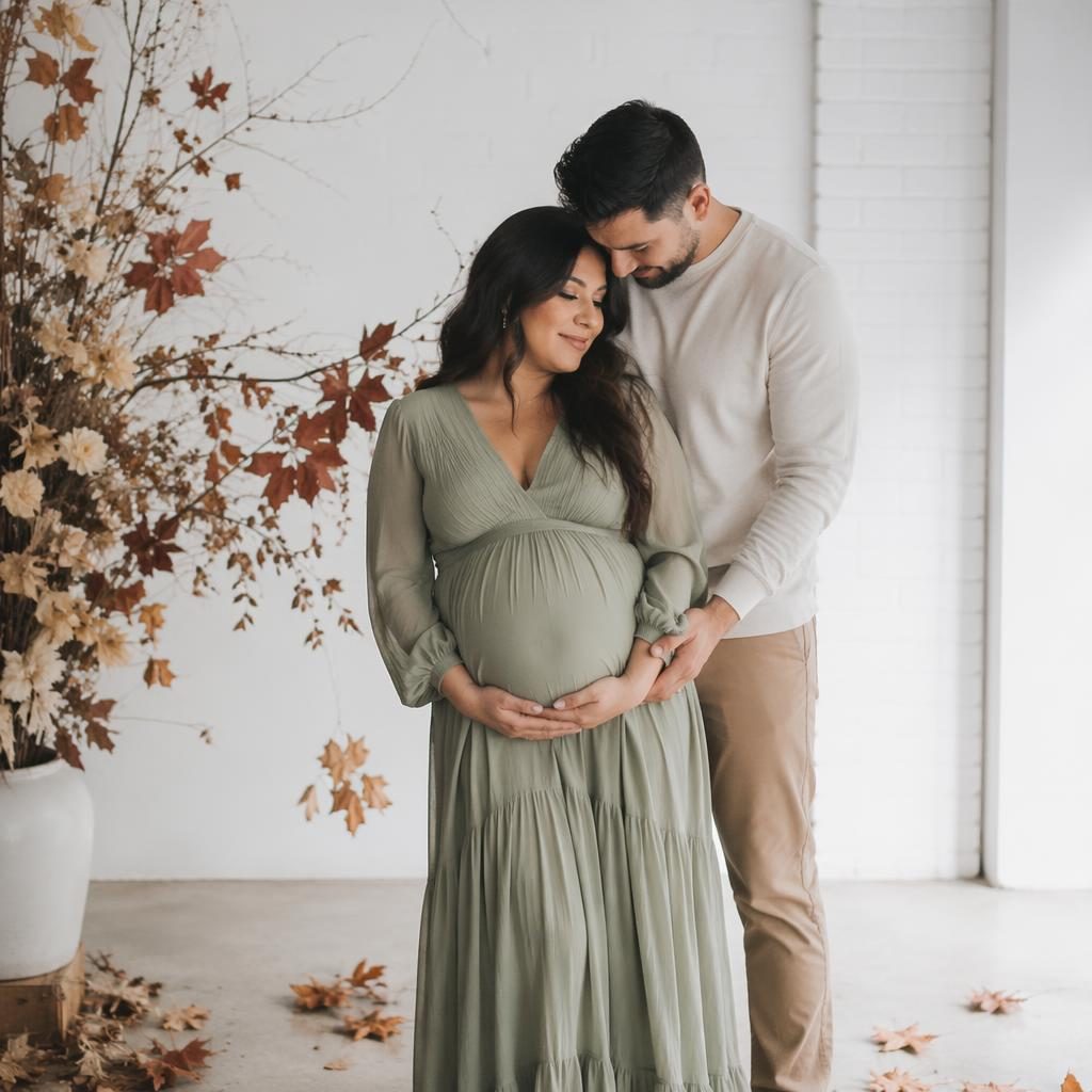 Pareja futura mamá y papá en loft blanco minimalista con hojas de otoño, tonos salvia y marfil, estilo bohemio editorial