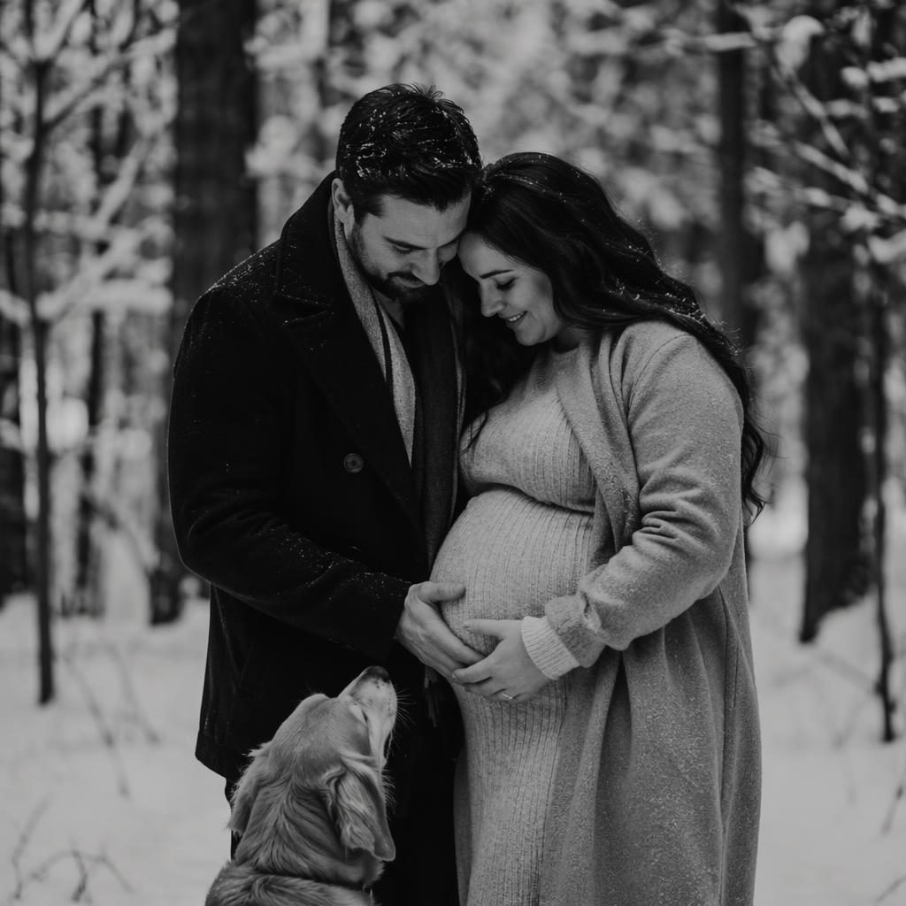 Pregnant mother with her husband and pet in a snowy forest, styled as a dark, editorial black and white portrait.