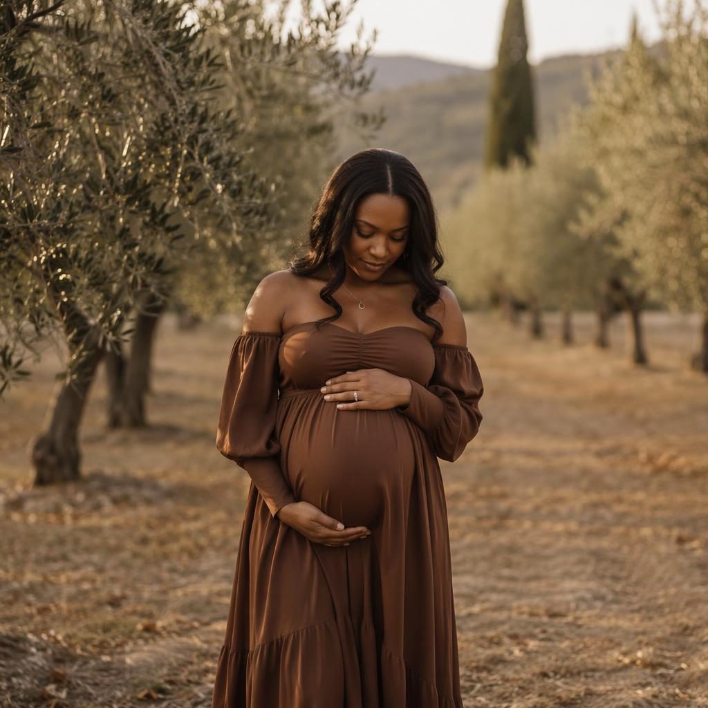 Silhouette portrait of a pregnant Black mother standing in a modern urban home with soft editorial lighting and earthy fall tones.