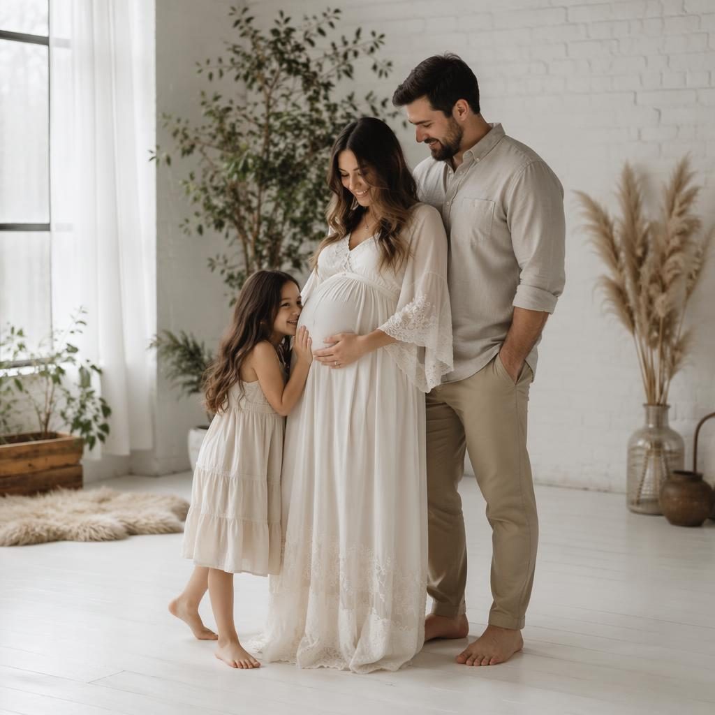 Editorial maternity family portrait in a minimalist white loft, with bohemian flowy styling in sage and ivory tones.