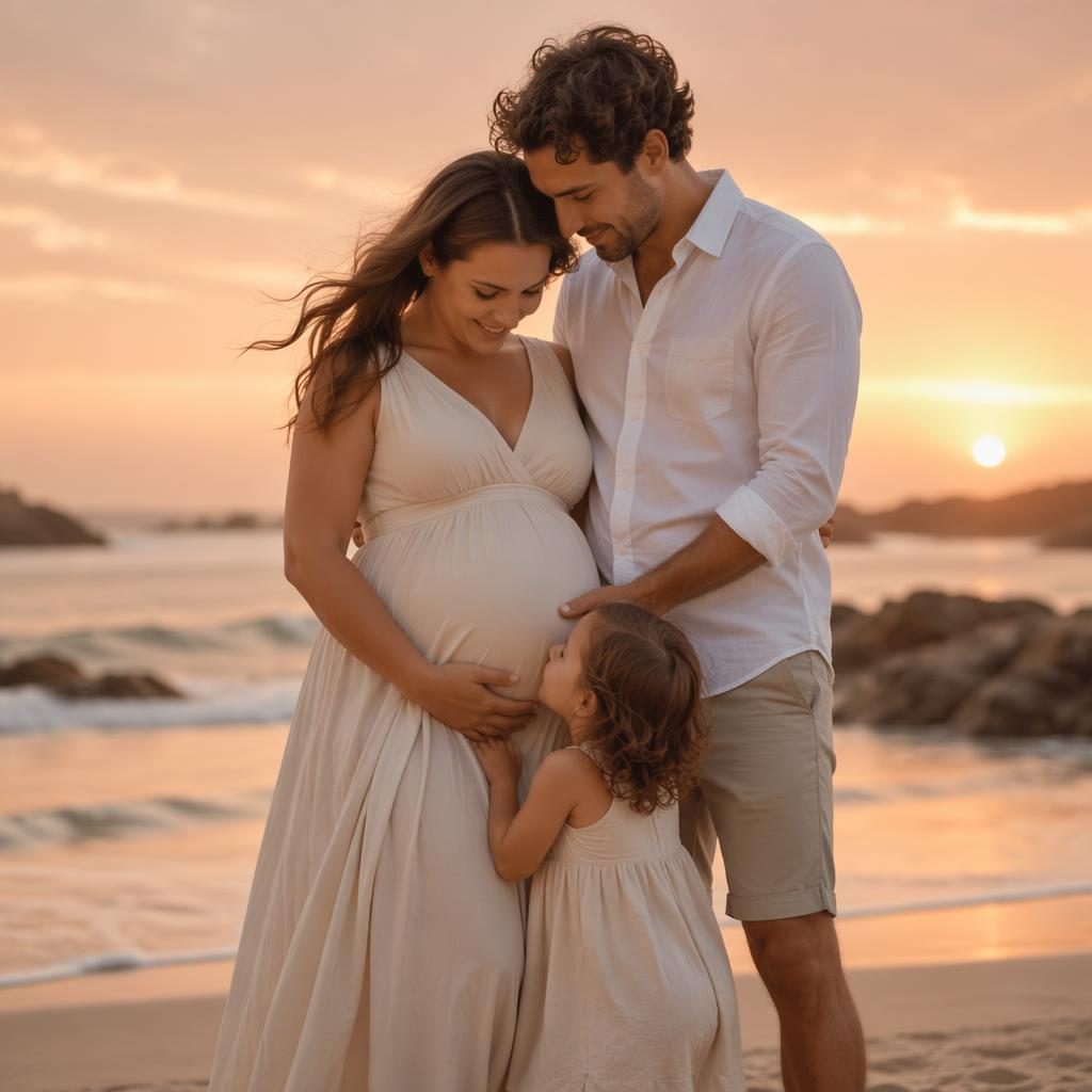 Famille au complet sur une plage au coucher de soleil, photo de grossesse éditoriale aux tons terreux et lumière douce.