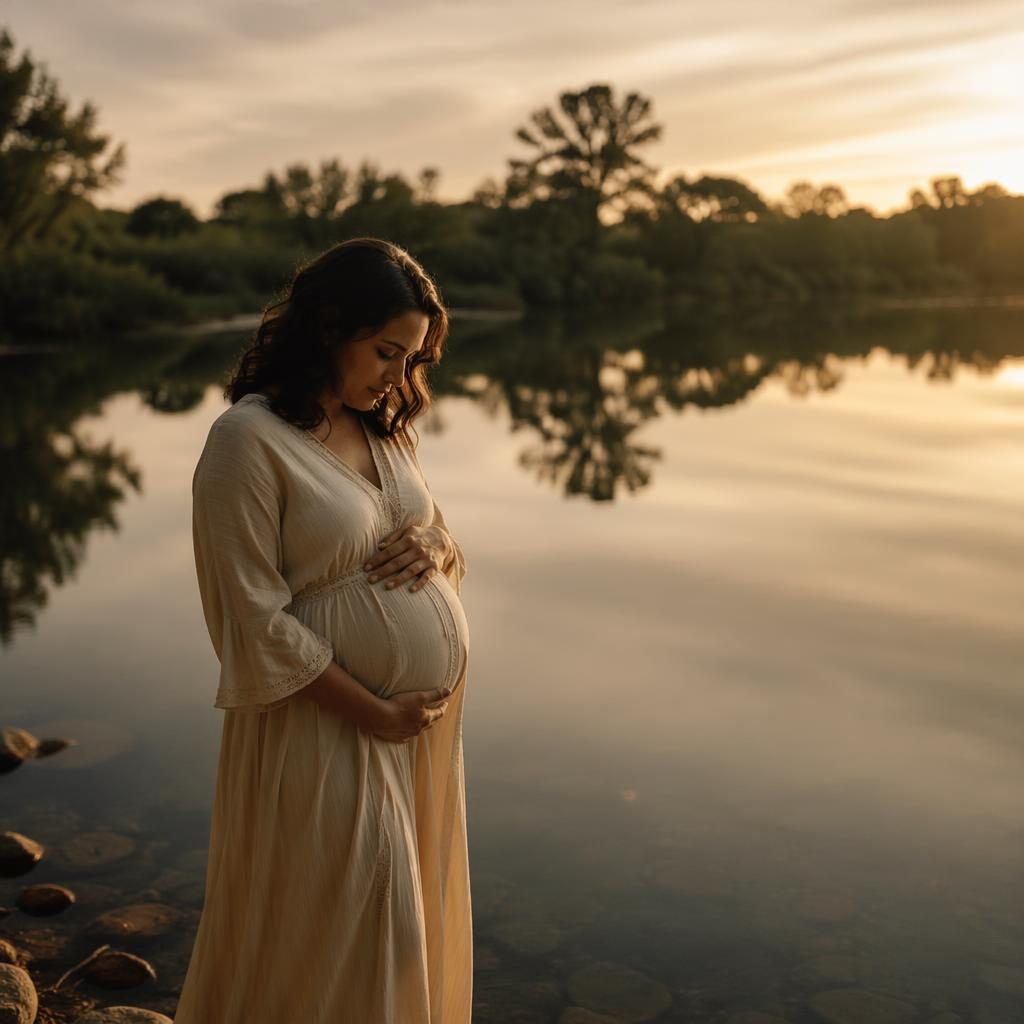 Silhouette d’une femme enceinte seule dans une maison urbaine moderne, lumière dorée et reflet calme de lac.