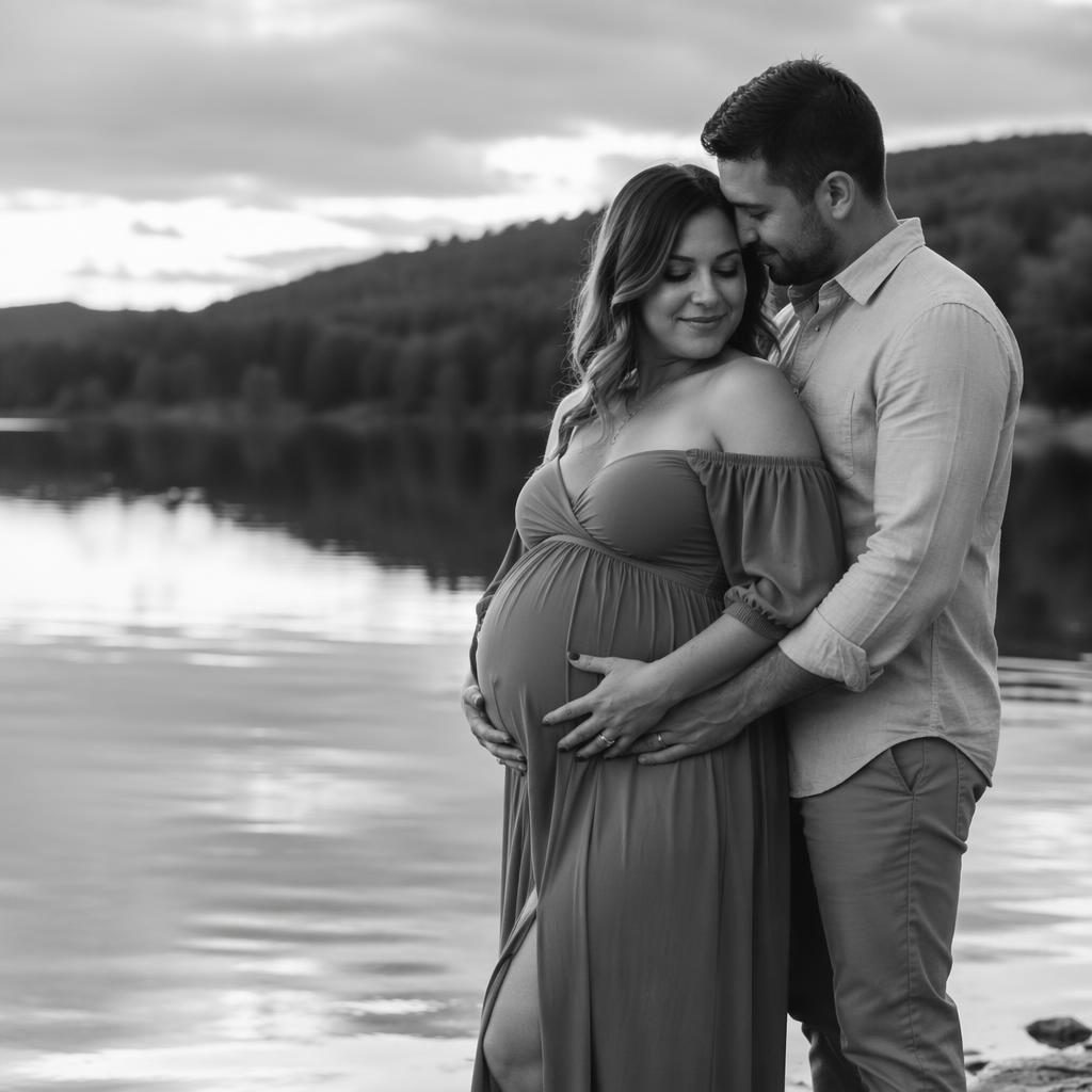 Black and white maternity portrait of an expectant mother with her partner by a calm reflective lake and autumn leaves