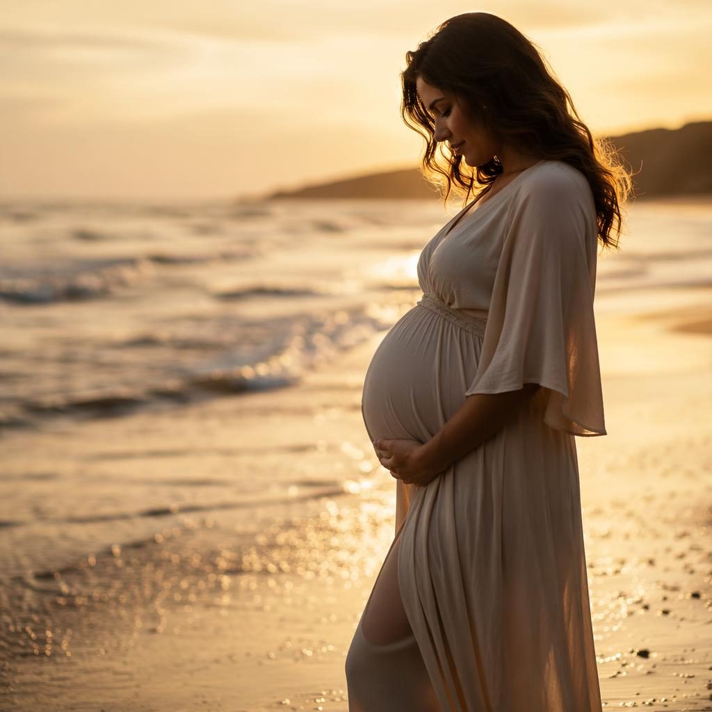 Schwangere Frau als Silhouette bei golden hour am Strand, weiches Licht, ruhige redaktionelle Bildstimmung.