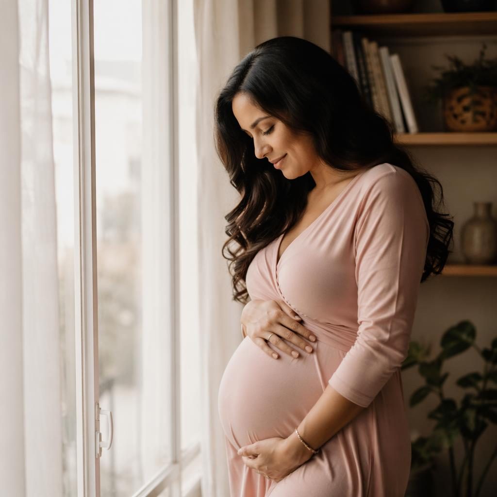 Silhouette maternity portrait of a mother alone in a modern home with soft window light and warm cream rose tones.