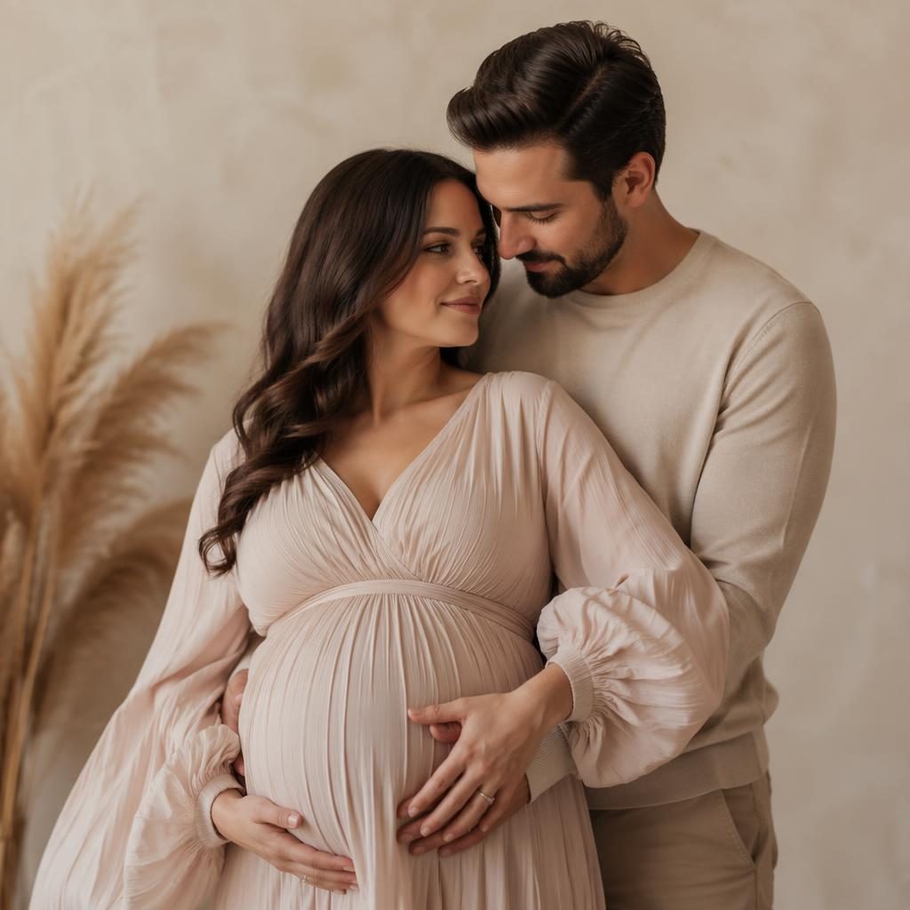 Pregnant woman and her partner in a soft-lit studio wearing coordinated neutral maternity photo shoot clothing