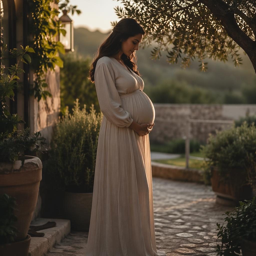 Schwangere Frau als Silhouette in einem mediterranen Garten bei goldenem Abendlicht, stimmungsvoll und editorial inszeniert.