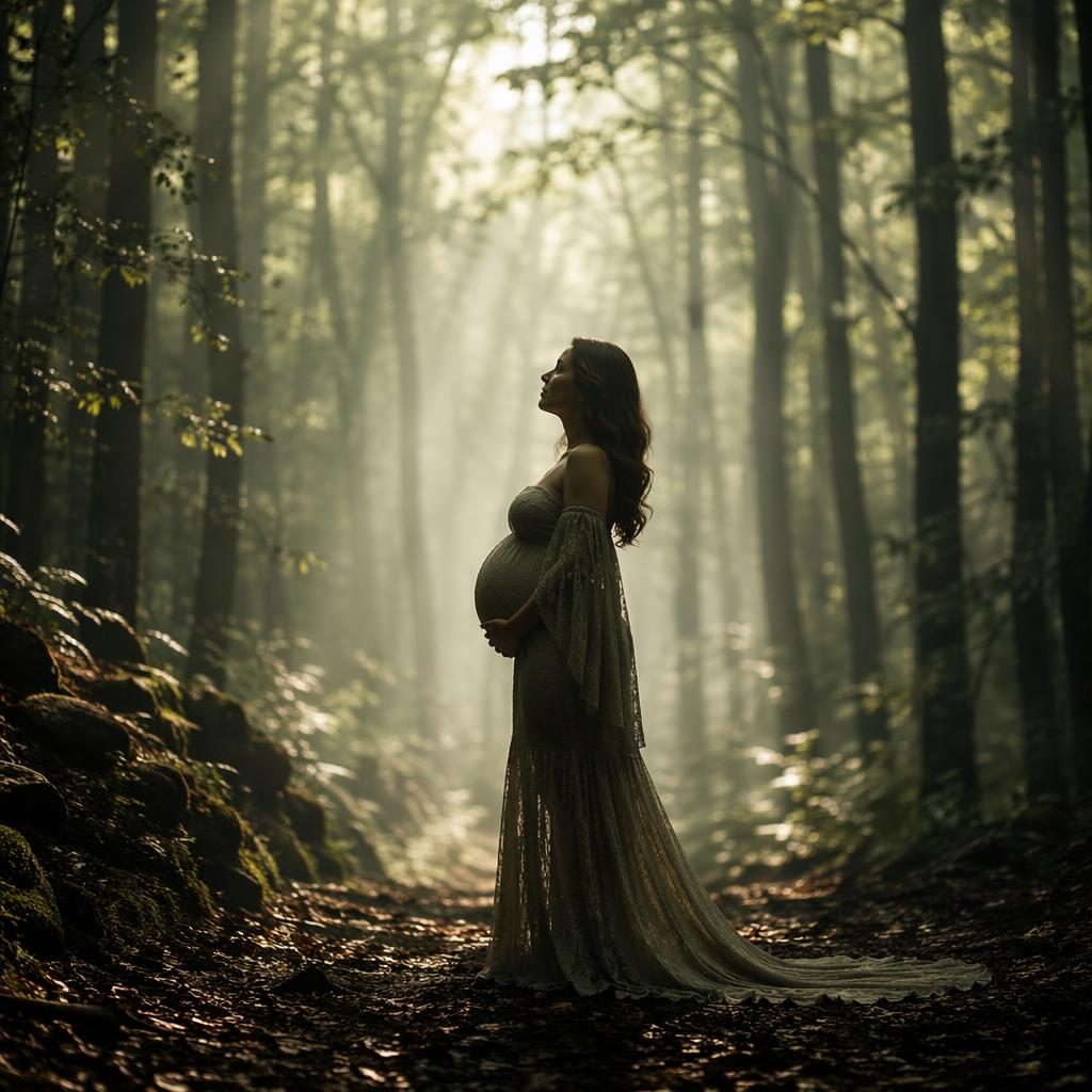 Profile silhouette of a pregnant woman in flowing fabric beneath tall forest trees with soft mist and filtered morning light