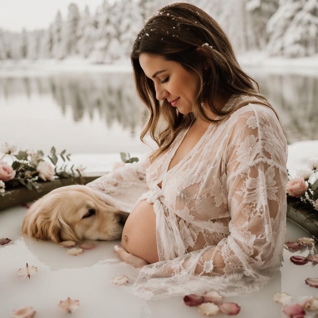 Femme enceinte avec son animal près d’un lac enneigé, reflet calme, tons crème et rose, style éditorial doux.