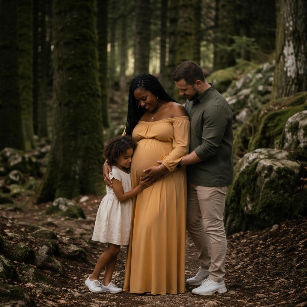 Femme enceinte en forêt avec son mari et un enfant, portrait familial éditorial aux tons sombres et naturels