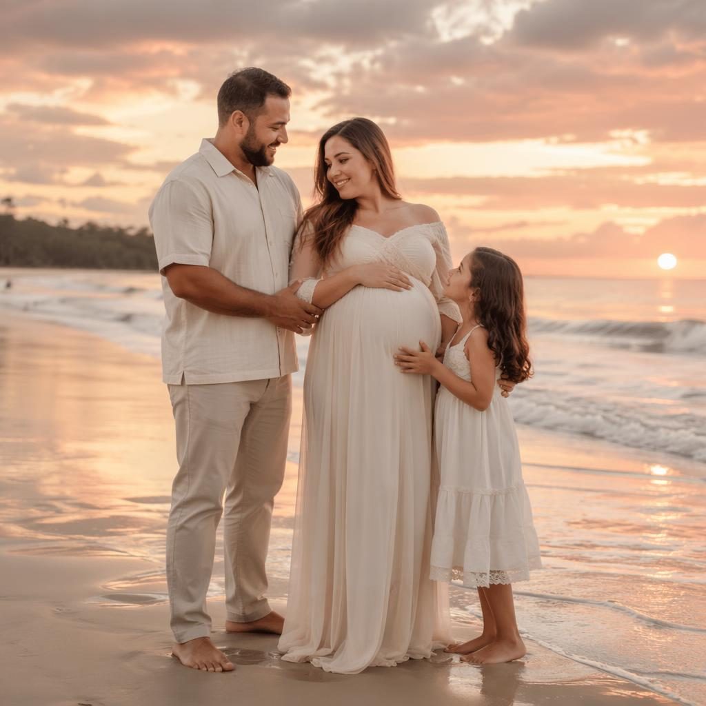 Full family group on a beach at sunset, soft pastel tones, editorial maternity portrait with natural emotion.