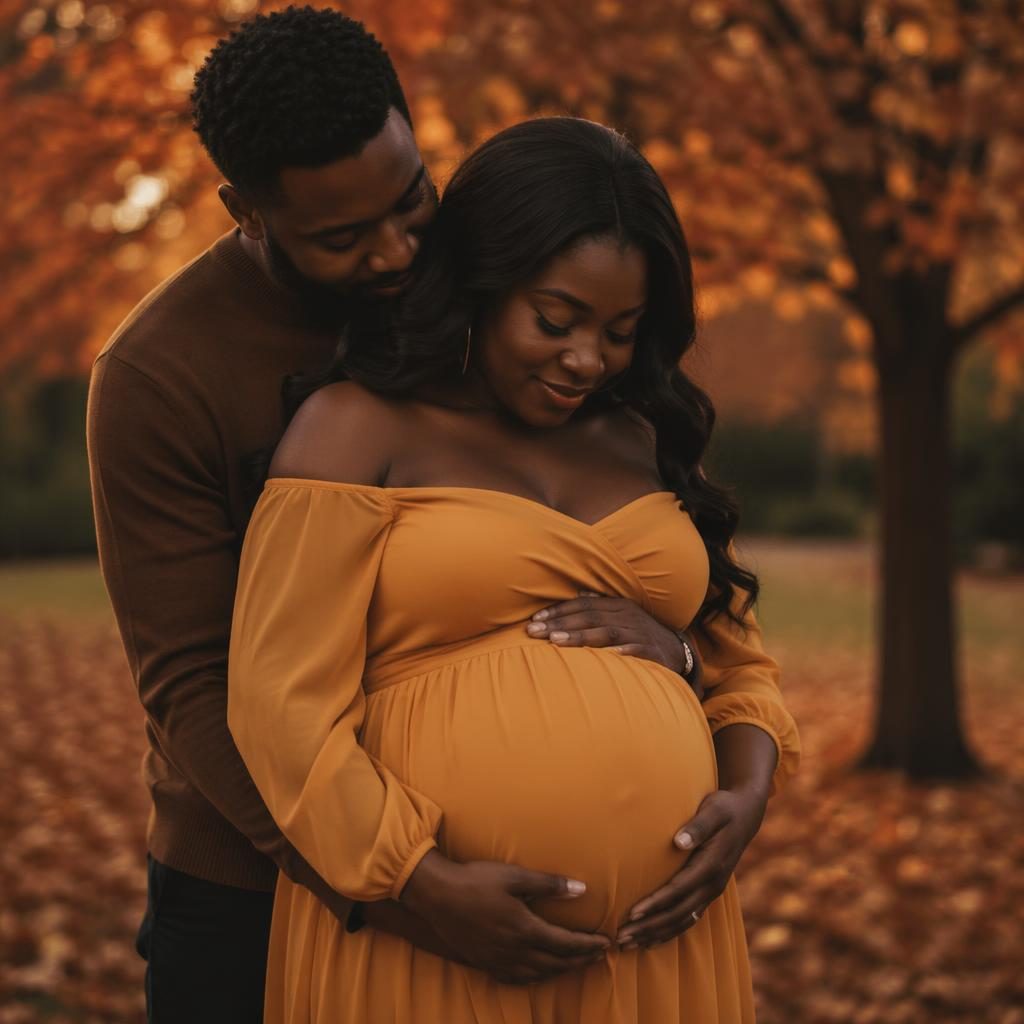 Close-up maternity photo of a Black couple in an autumn park, hands on baby bump, with golden hour light and fallen leaves.