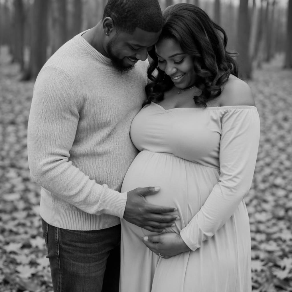 Close-up maternity photo of a pregnant belly with husband beside her in an autumn forest, soft editorial lighting.