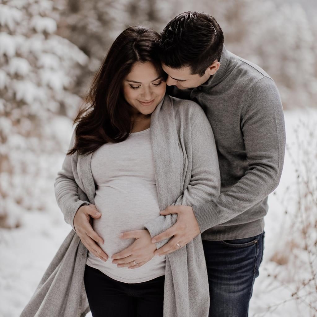 Foto editorial de maternidad en blanco y negro con madre y pareja entre hojas de otoño, emoción natural y estilo glamour.