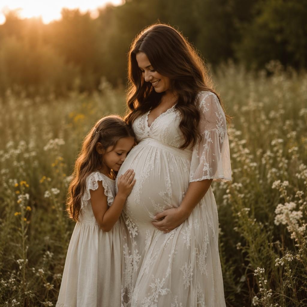 Madre embarazada con su hijo mayor en una pradera de flores silvestres al atardecer, con bosque al fondo y luz dorada