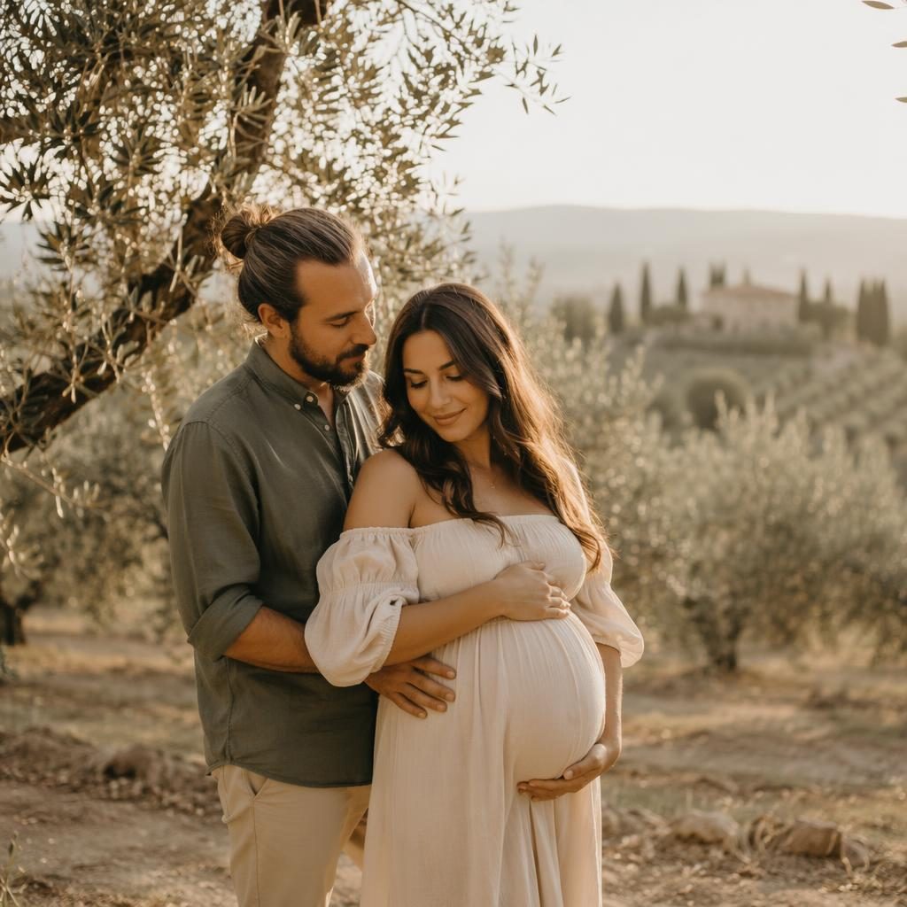 Femme enceinte avec son partenaire dans un champ doré façon oliveraie toscane, lumière dorée, tons sauge et ivoire.