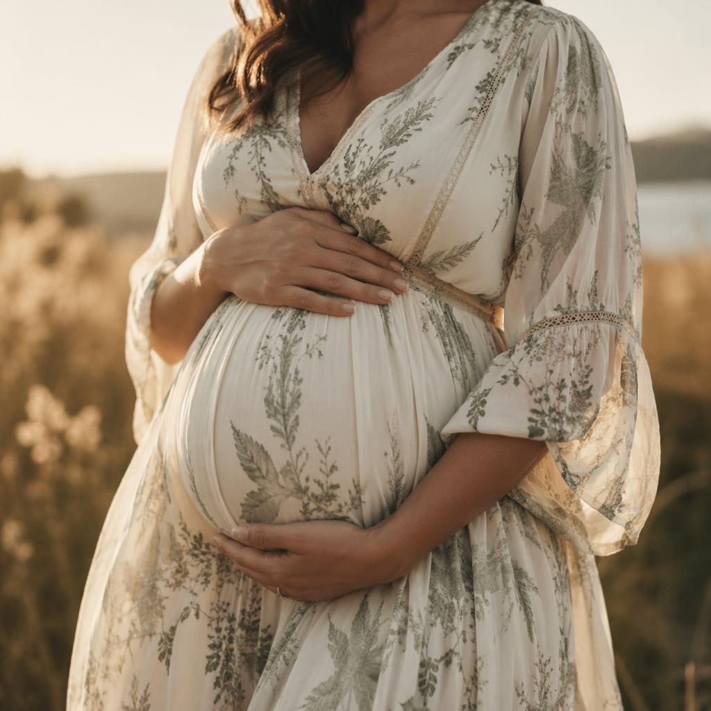 Close-up maternity portrait of a pregnant belly in a sage and ivory bohemian dress, softly lit in a natural field setting.