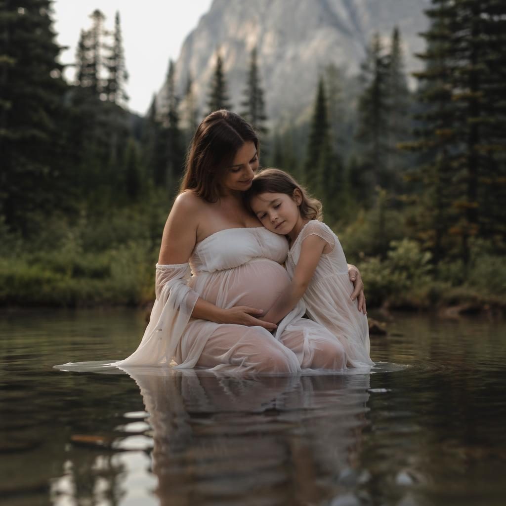 Femme enceinte avec un enfant plus âgé, en forêt au bord d’un lac calme, ambiance éditoriale sombre et émotive.
