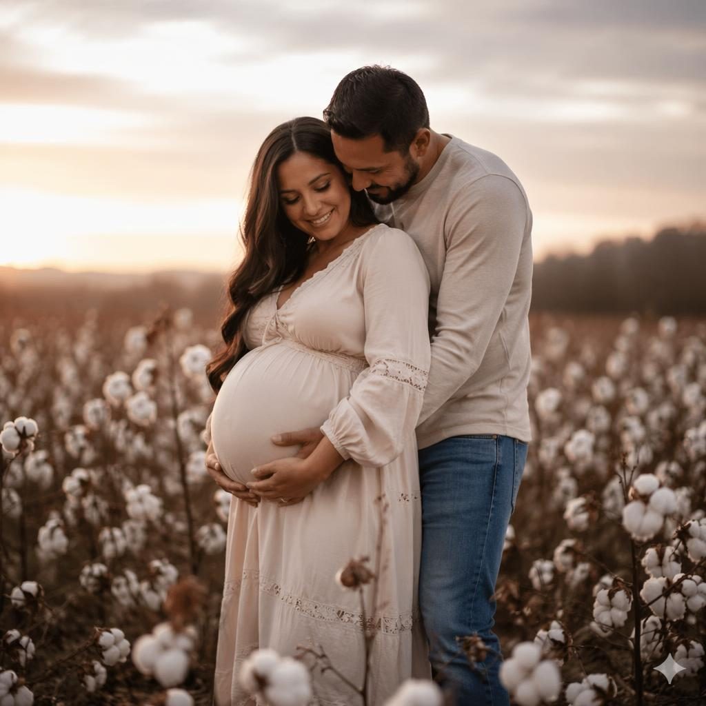 Mujer embarazada con su pareja en un campo de algodón al amanecer, retrato editorial de tonos oscuros y emoción natural.