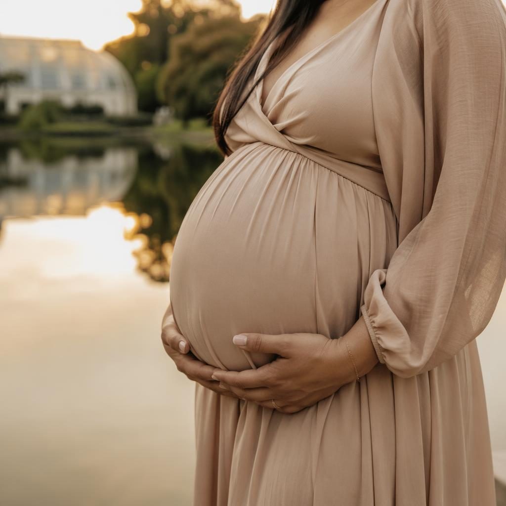 Close-up maternity photo of a pregnant belly in a botanical garden at golden hour beside a calm reflective lake