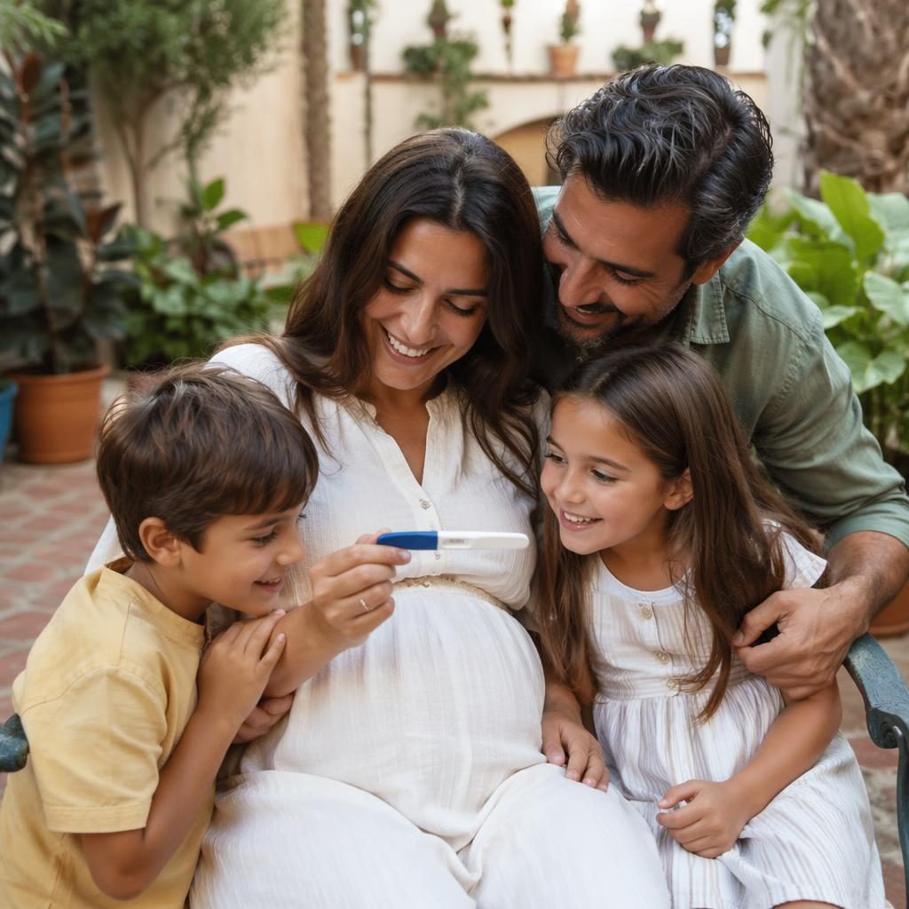 Familia completa en jardín mediterráneo con estilo editorial suave; embarazada sostiene un test positivo entre luz natural