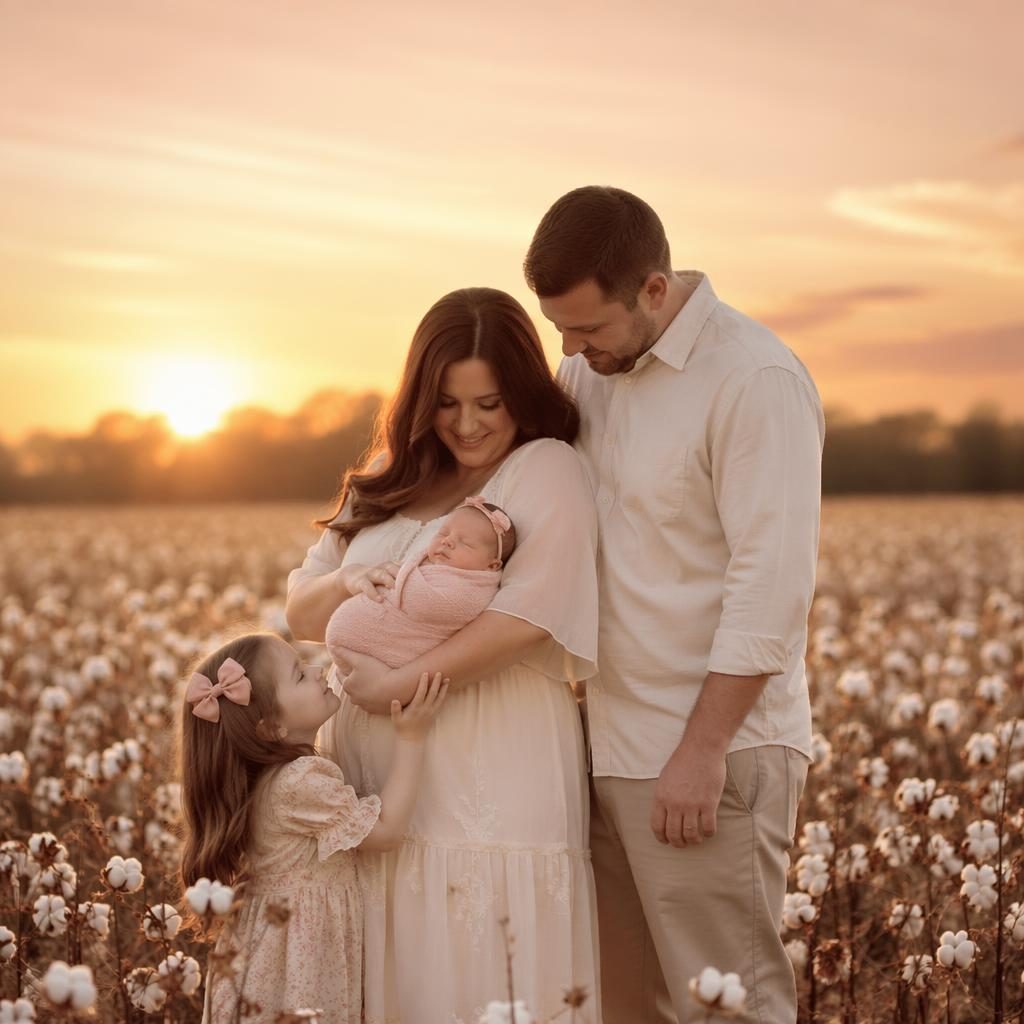 Full family maternity portrait in a cotton field at sunrise, warm cream and rose tones, soft editorial lighting.