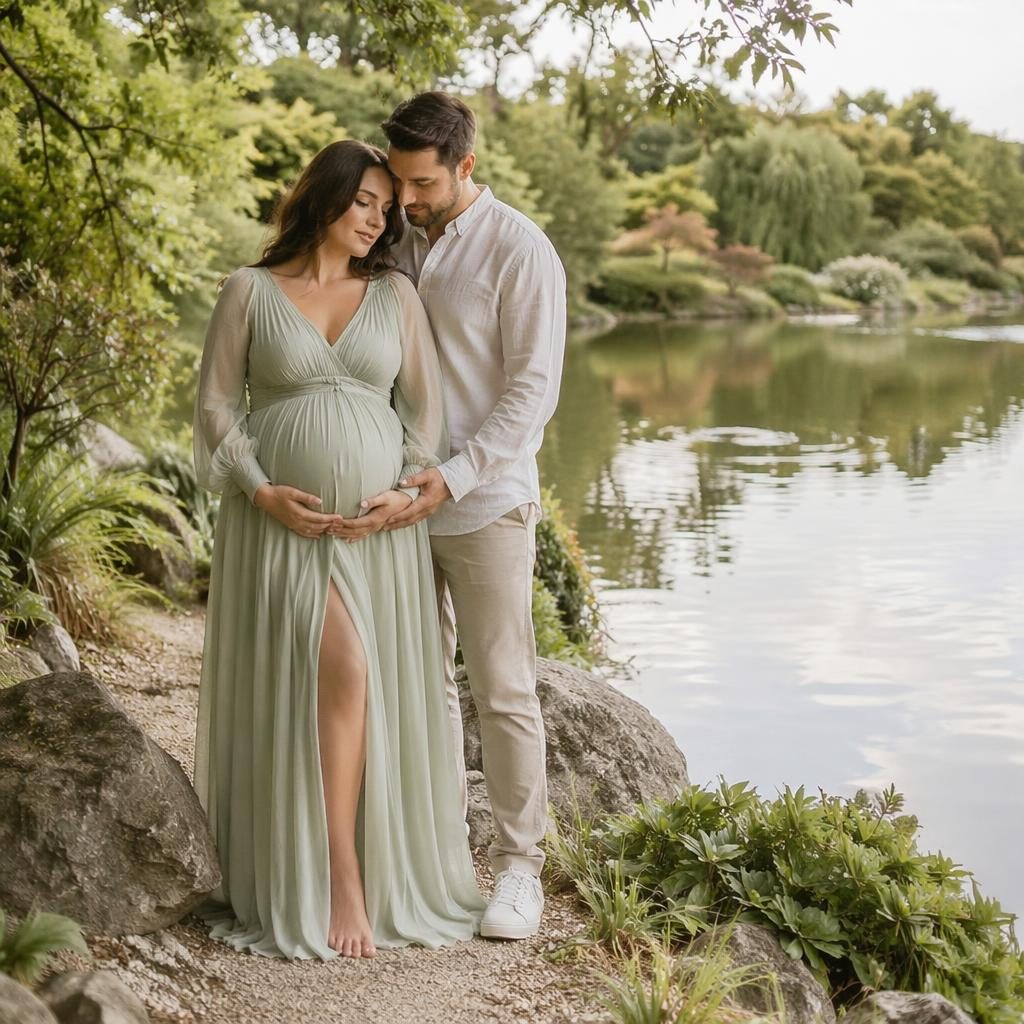 Femme enceinte avec son partenaire dans un jardin botanique, tons sauge et ivoire, près d’un lac au reflet calme