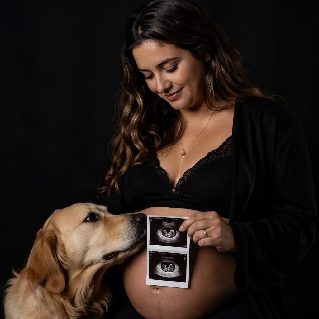 Madre embarazada con su mascota frente a fondo negro de estudio, estilo editorial oscuro con ambiente invernal nevado.