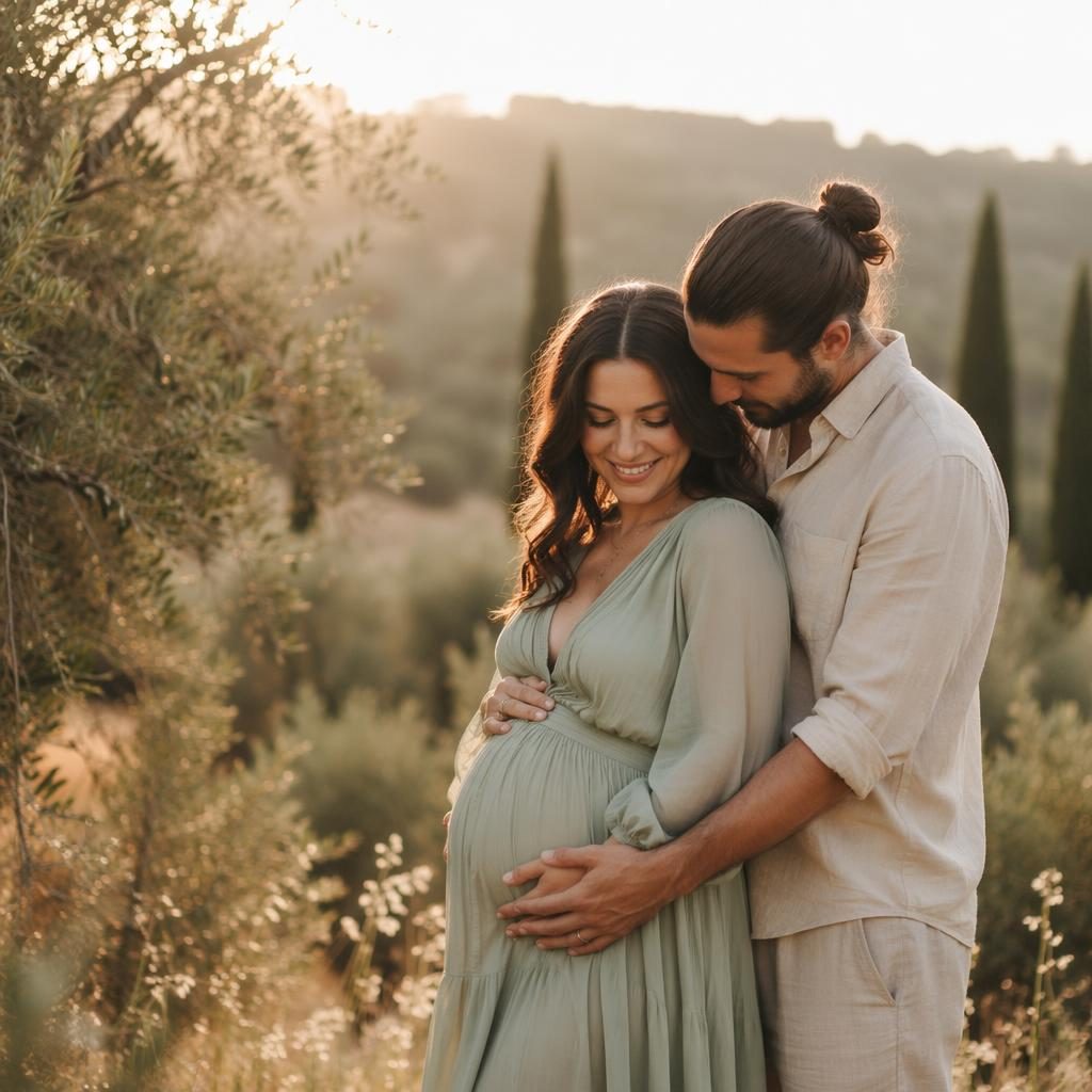 Pregnant mother and partner standing in a Tuscany-style olive grove at golden hour, wearing flowy sage and ivory outfits