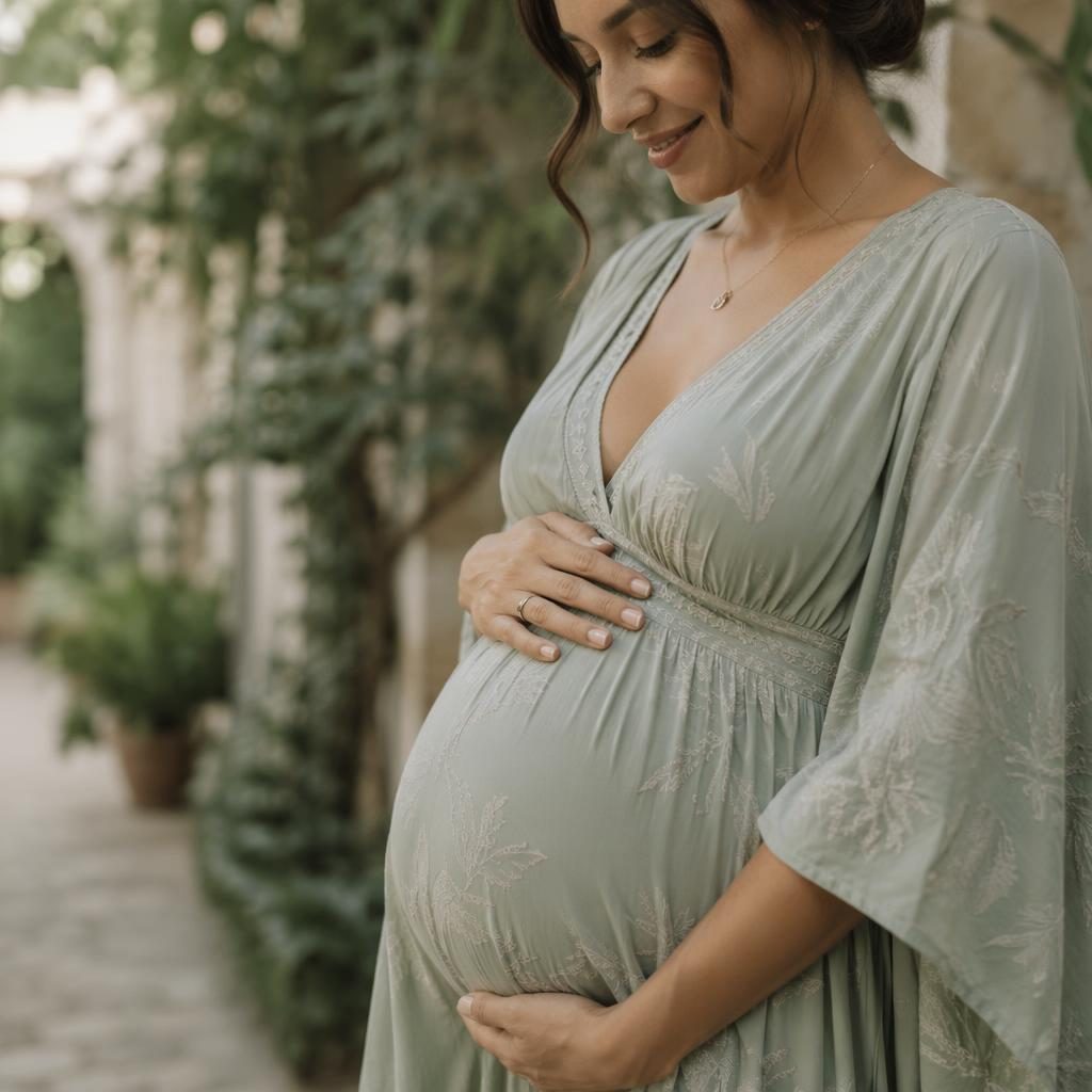 Nahaufnahme eines Babybauchs in fließendem Boho-Kleid in Salbei und Elfenbein, aufgenommen in einem mediterranen Garten