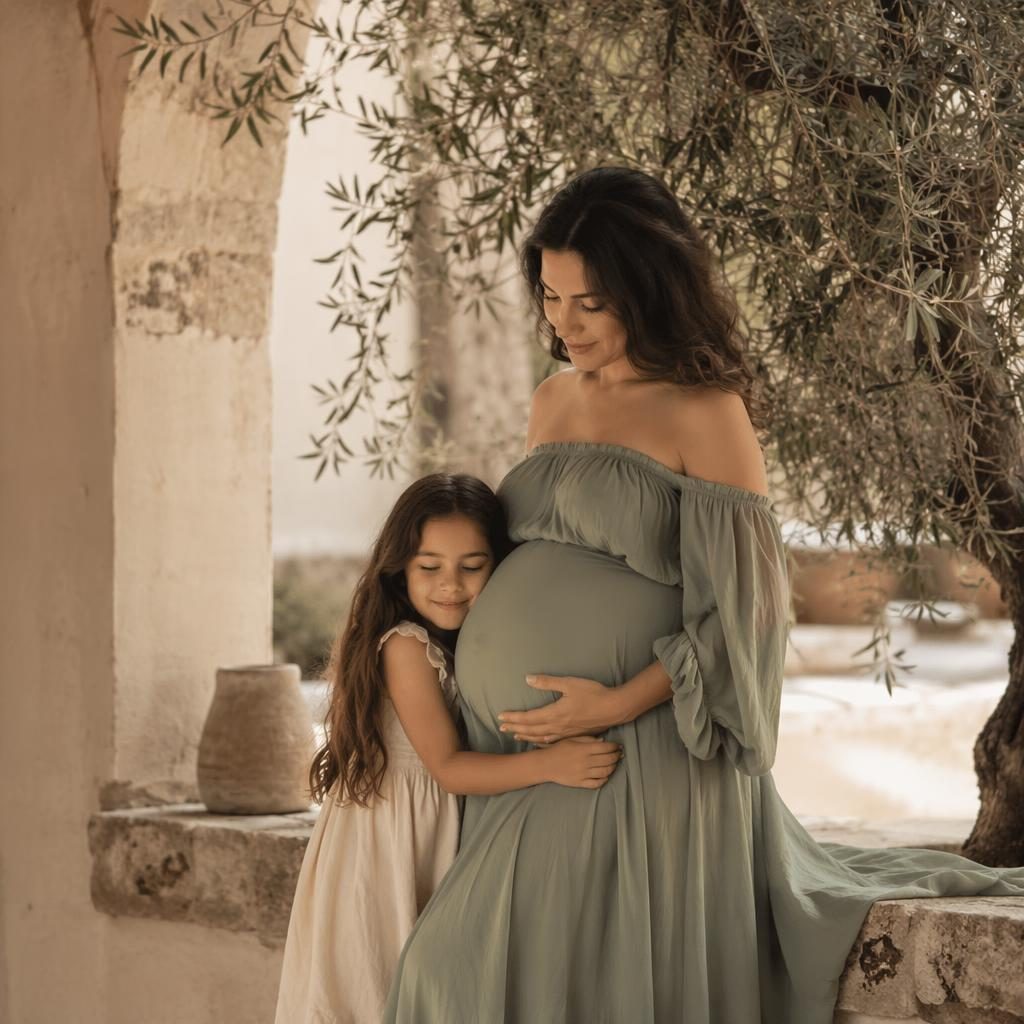 Madre embarazada con hijo mayor en dormitorio acogedor, tonos salvia y marfil, estilo bohemio editorial y luz suave.