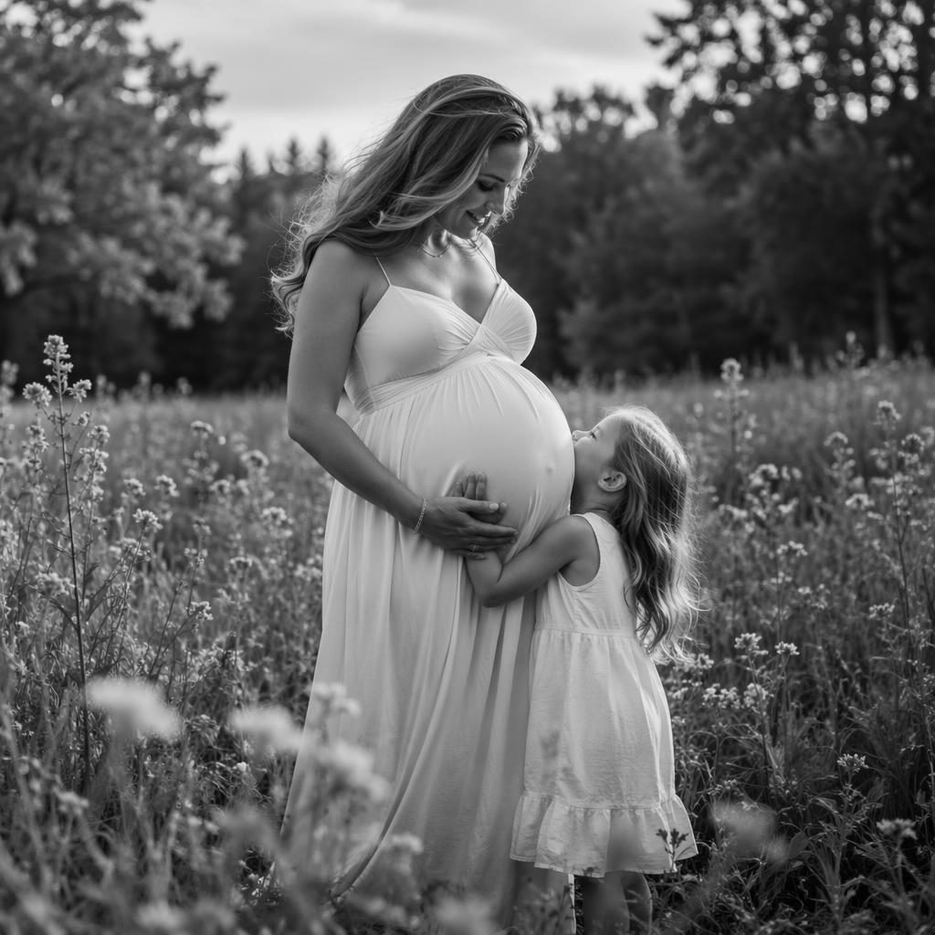 Femme enceinte avec un enfant aîné dans une prairie fleurie en noir et blanc, style éditorial glamour en lumière naturelle.