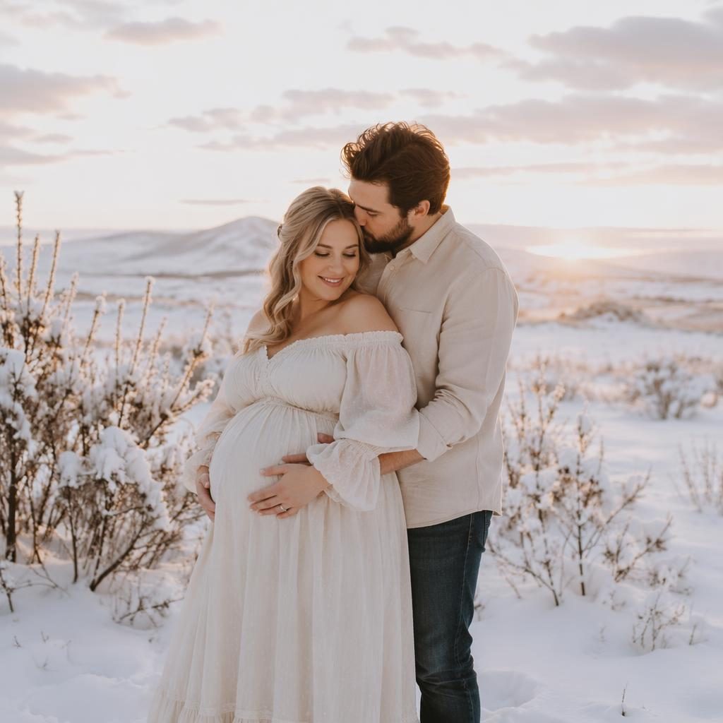 Pregnant mother with partner in a soft pastel field at golden hour, wearing flowy sage and ivory bohemian outfits