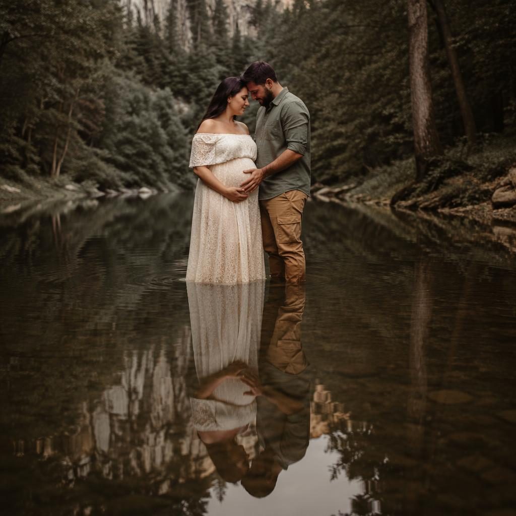 Madre embarazada con un hijo mayor junto a un lago en bosque, con reflejo calmo, luz editorial y tonos oscuros