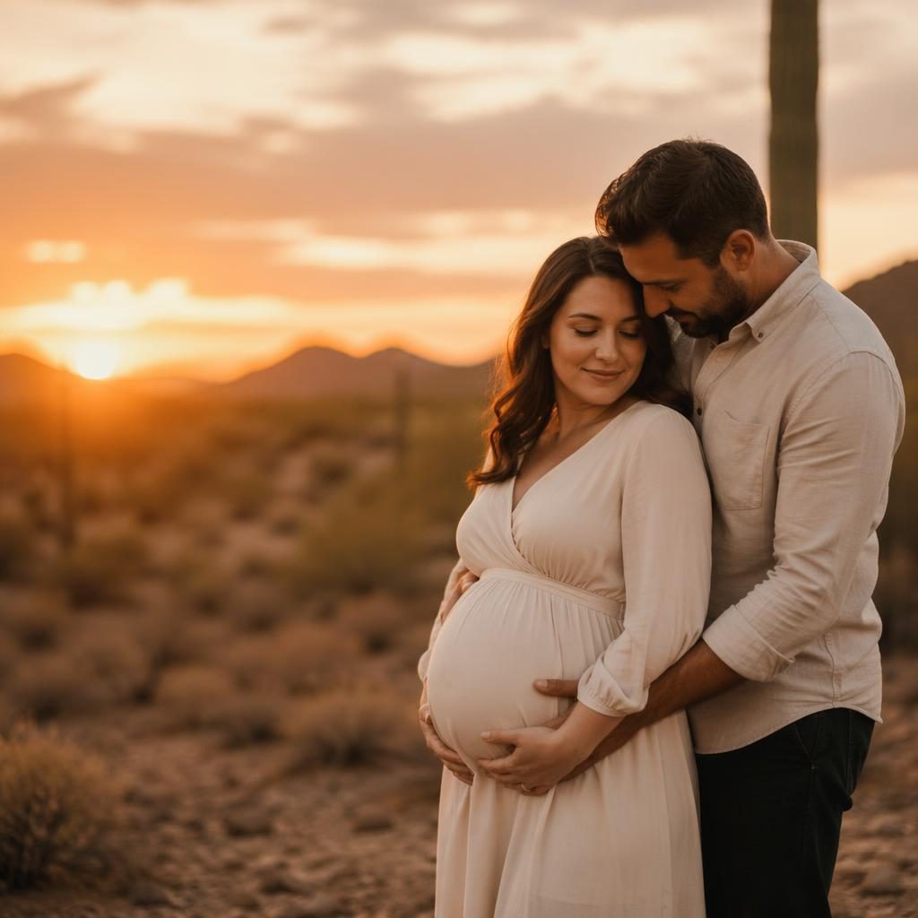 Femme enceinte avec son partenaire dans un décor de feuilles d’automne au désert, lumière douce de coucher du soleil.