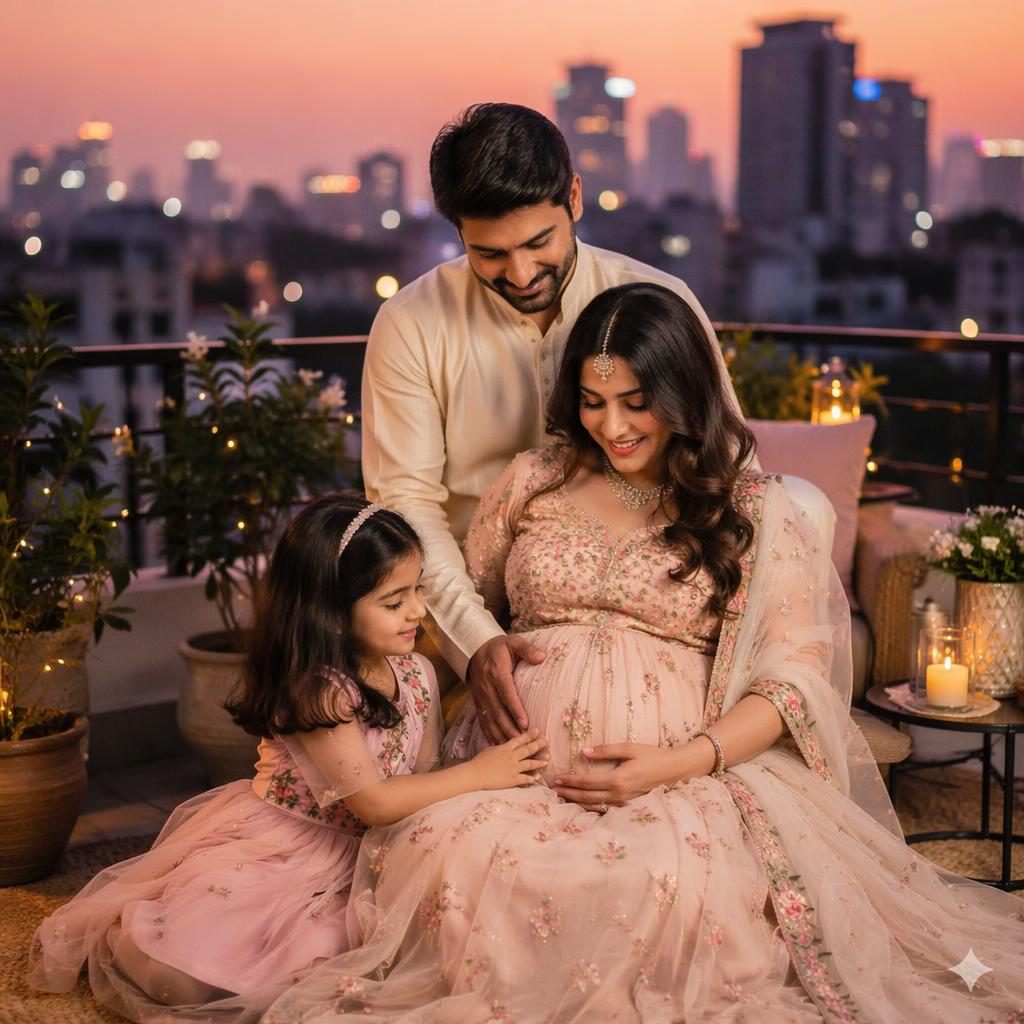 Full family maternity portrait on a rooftop at dusk with city skyline, warm cream and rose tones, soft editorial lighting.