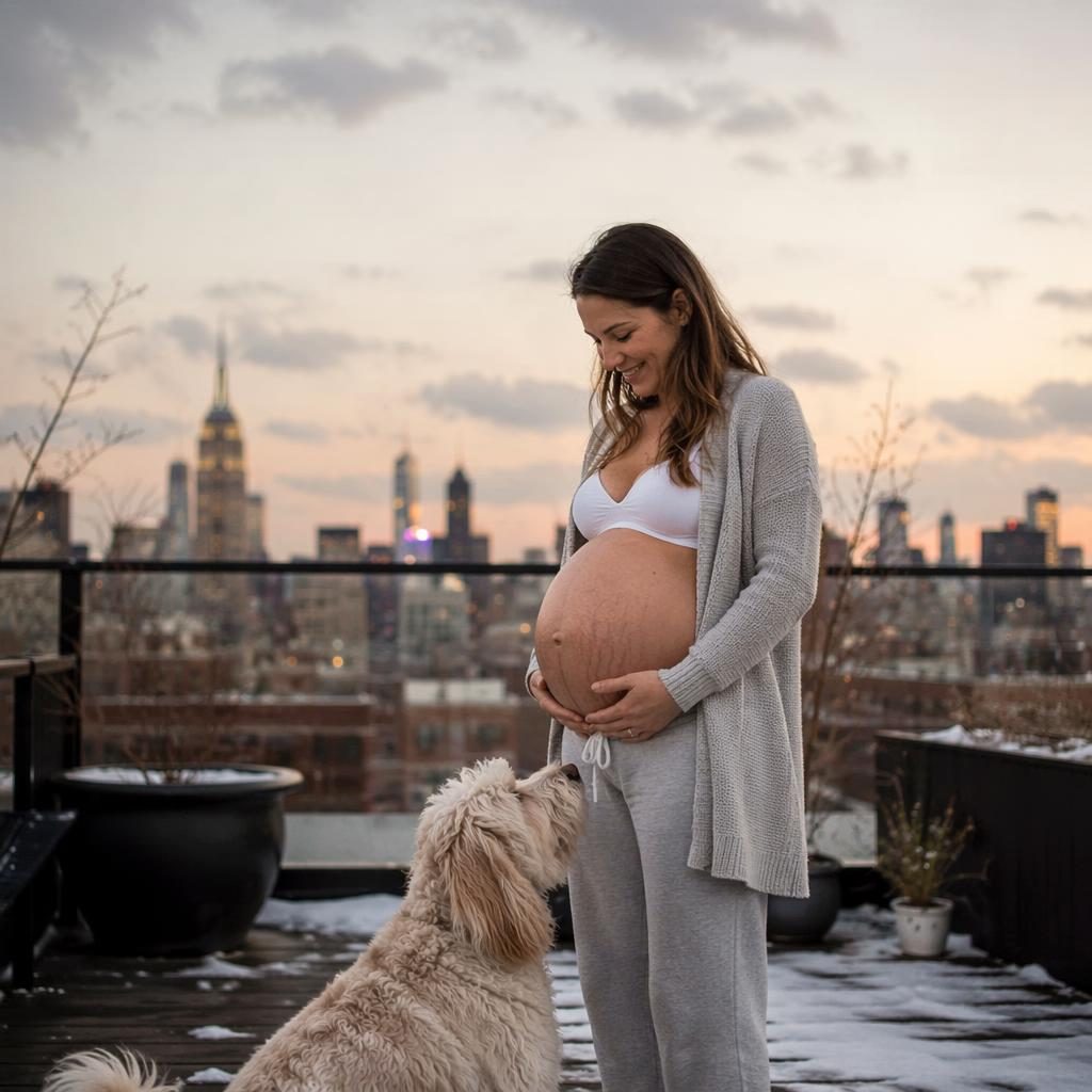 Madre con su mascota en una azotea con skyline al atardecer, escena invernal nevada y estilo editorial minimalista.