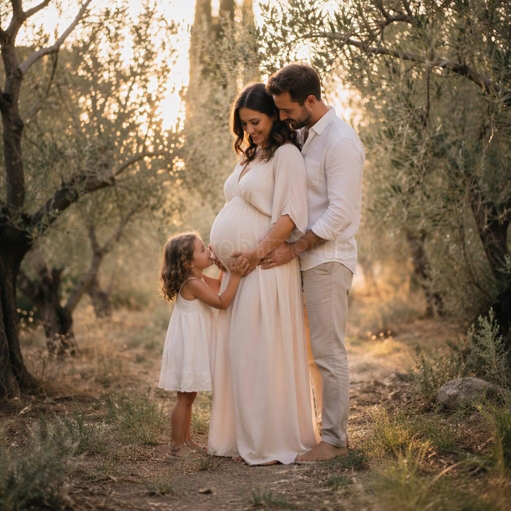 Famille au complet posant dans une forêt style oliveraie toscane, photo grossesse éditoriale aux tons pastel doux