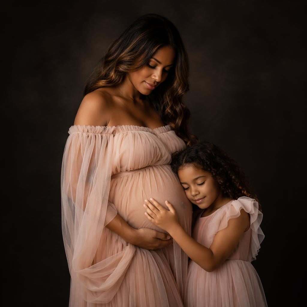 Portrait éditorial d’une femme enceinte avec un enfant plus âgé sur fond noir studio, tons crème et rose.