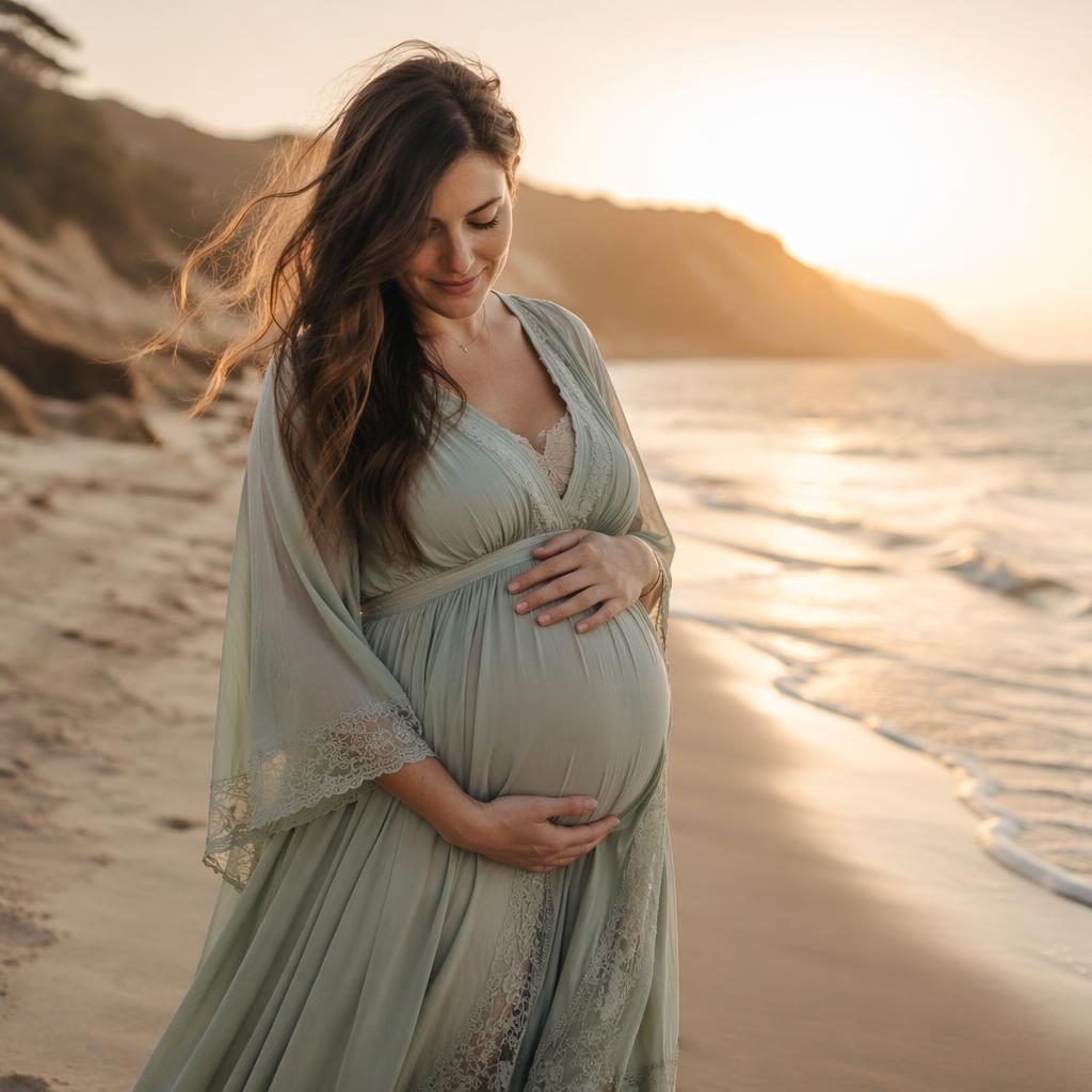 Schwangere Mutter als sanfte Silhouette am Strand bei Golden Hour in fließendem Boho-Kleid in Salbei und Elfenbein.